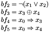 $ \\ bf_2 = \neg (x_1 \vee x_2) \\ bf_3 = x_3 \oplus x_4 \\ bf_4 = x_0 \Rightarrow x_3 \\ bf_5 = x_0 \Rightarrow x_4 $